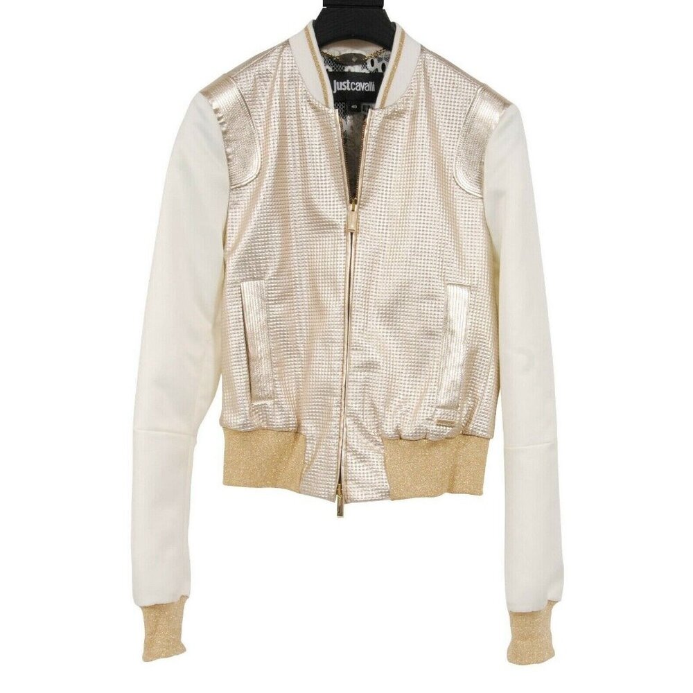Just Cavalli Womens Bomber Track Jacket Size Medium 40 Gold White Stretch Zip